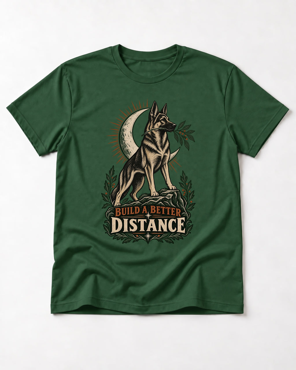 Build A Better Distance Moon Woodcut German Shepherd Dog Graphic T-Shirt in Forest Green, flat lay product photo