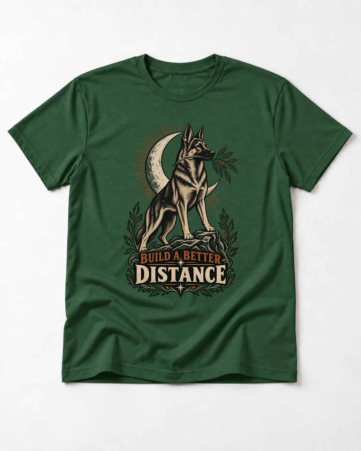 Build A Better Distance Moon Woodcut German Shepherd Dog Graphic T-Shirt in Forest Green, flat lay product photo
