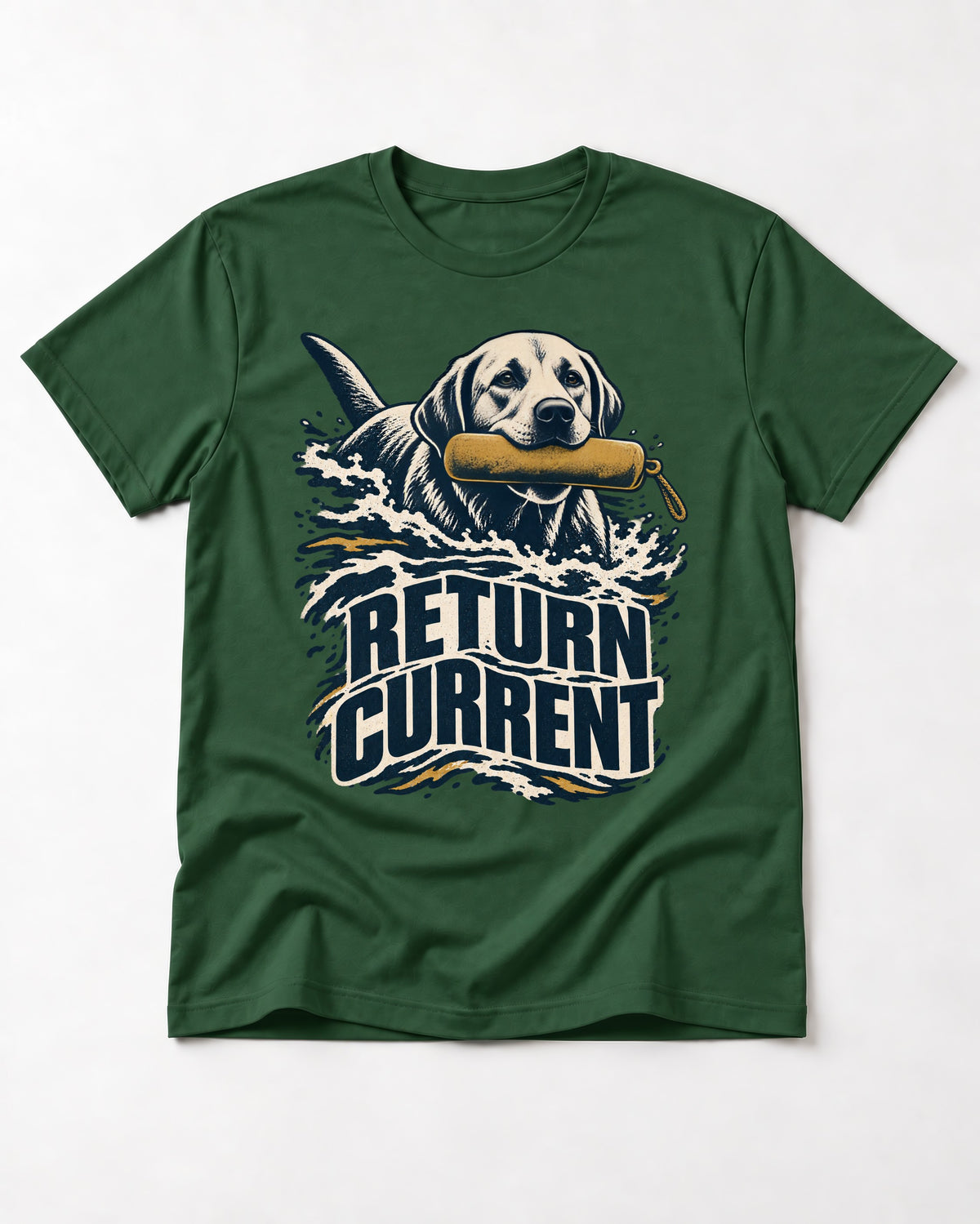 Return Current Water Retrieve Labrador Retriever Graphic T-Shirt in Forest Green, flat lay product photo