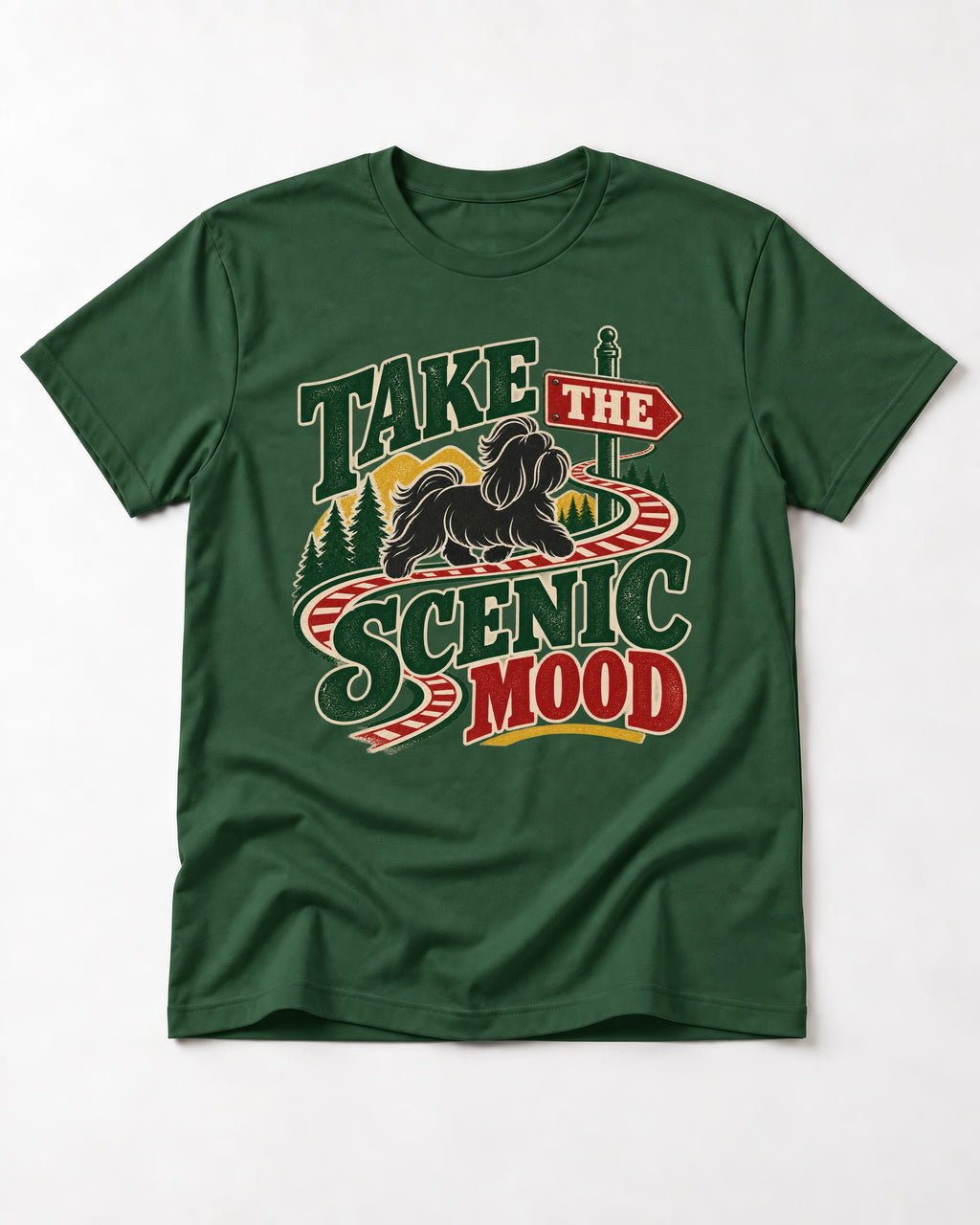 Shih Tzu Take the Scenic Mood Road Sign Graphic T-Shirt in Forest Green, flat lay product photo