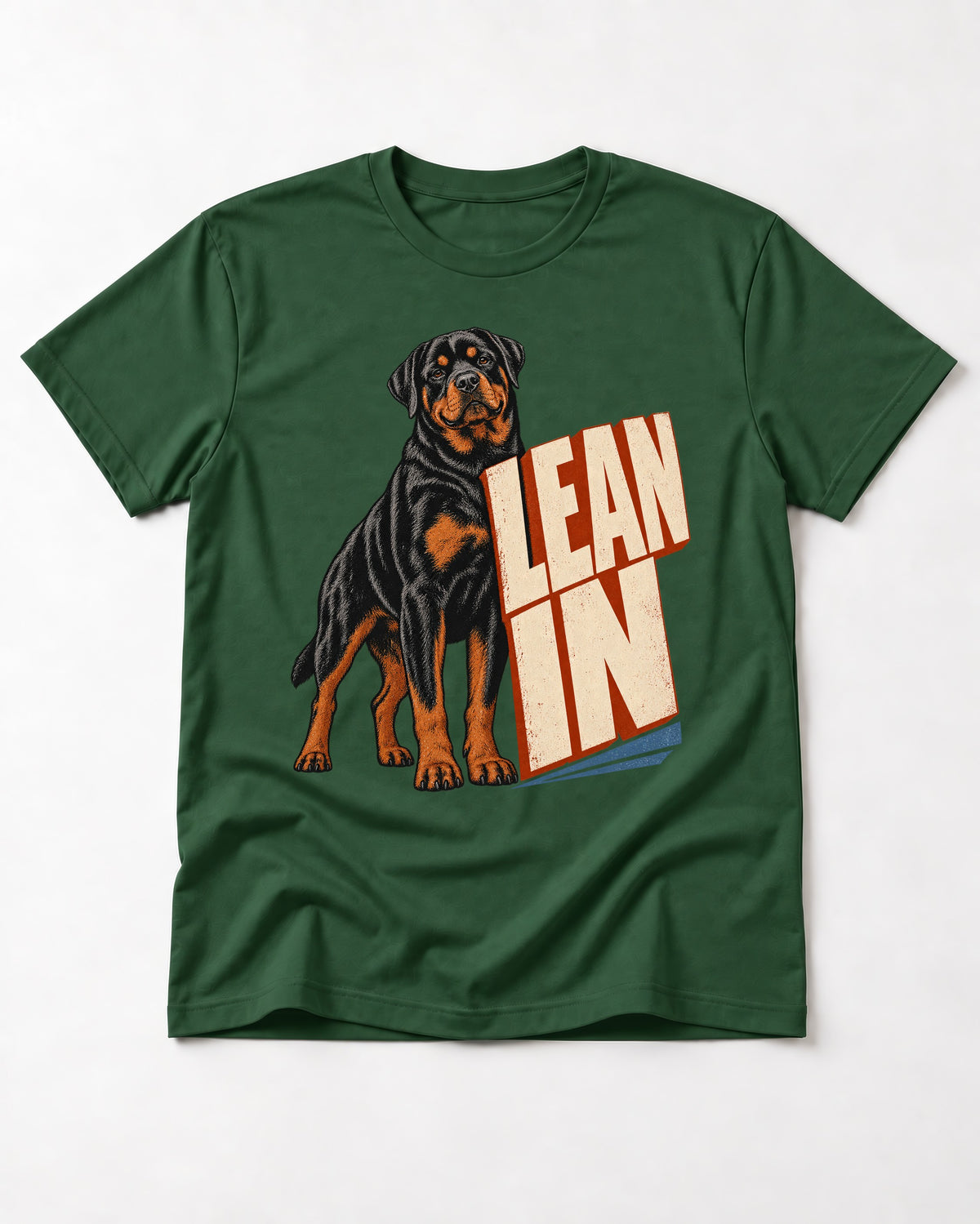 Rottweiler Lean In Block Typography Graphic T-Shirt in Forest Green, flat lay product photo
