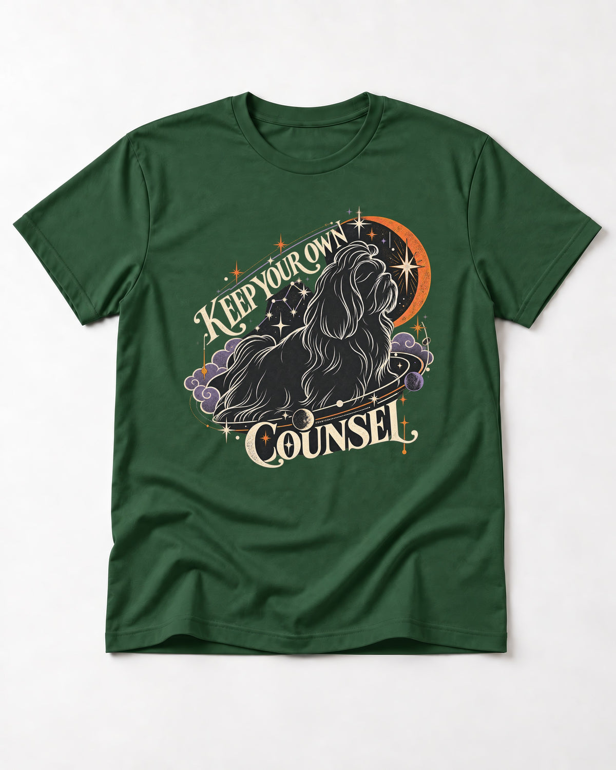 Shih Tzu Keep Your Own Counsel Celestial Graphic T-Shirt in Forest Green, flat lay product photo