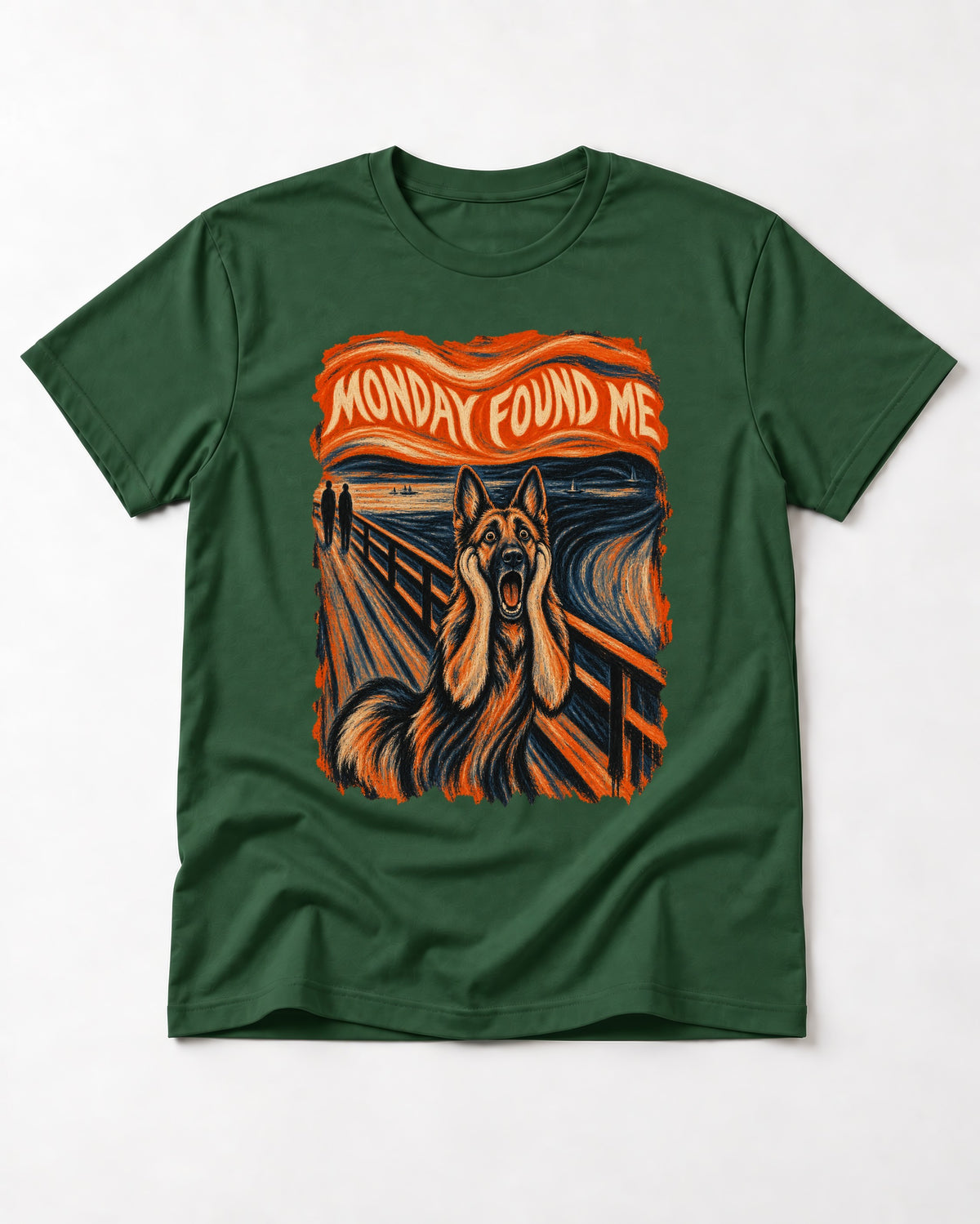 German Shepherd Dog Monday Found Me Scream Graphic T-Shirt in Forest Green, flat lay product photo