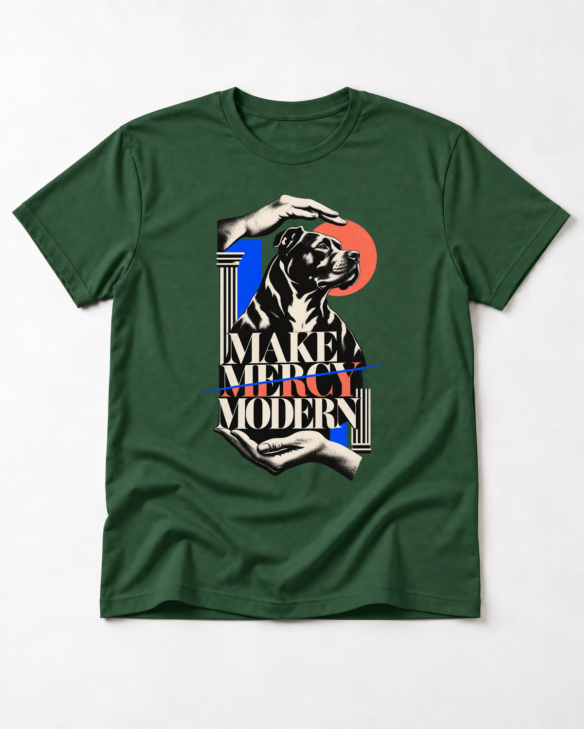 Pitbull Make Mercy Modern Protective Hands Graphic T-Shirt in Forest Green, flat lay product photo