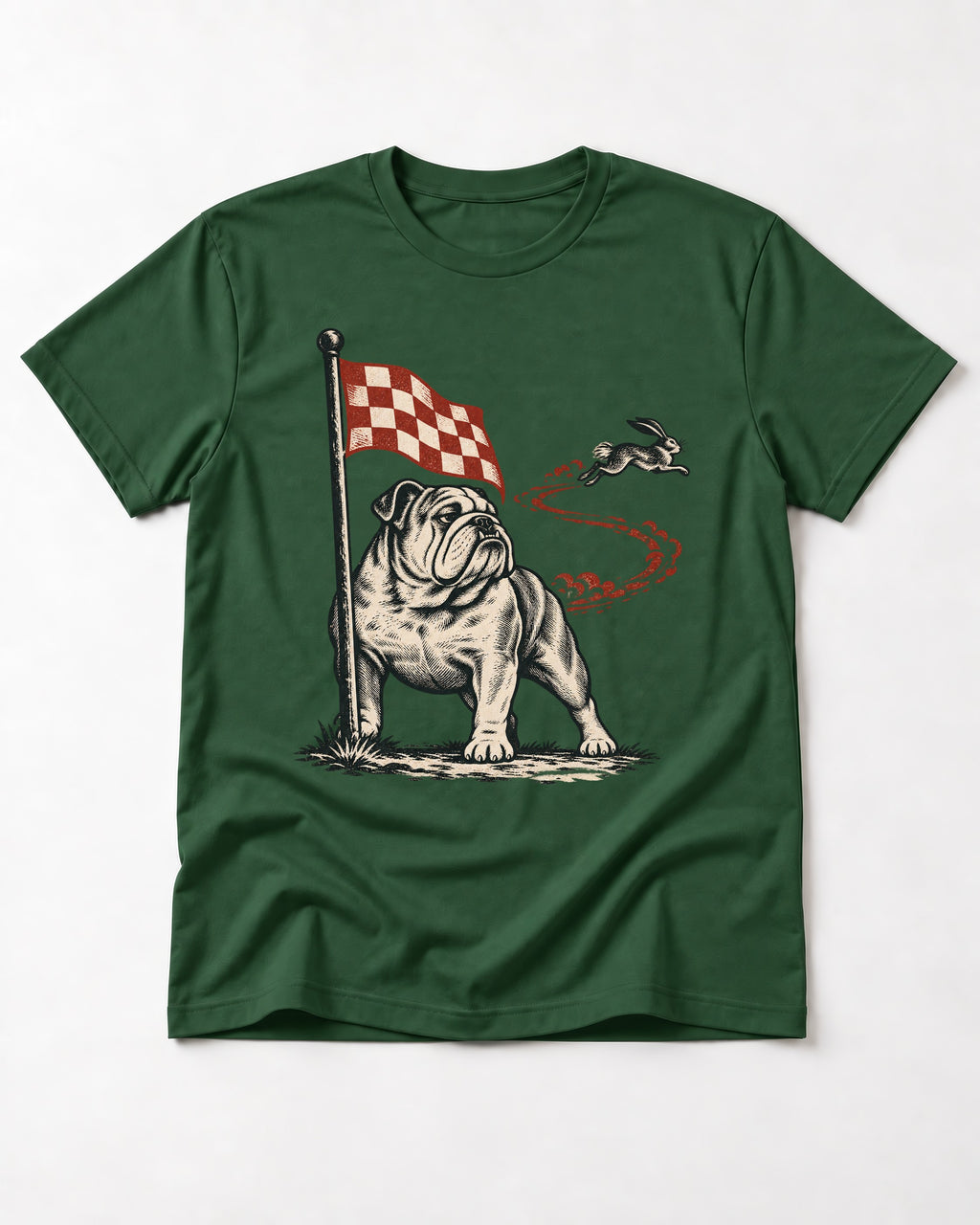 English Bulldog Checkered Flag Rabbit Chase T-Shirt in Forest Green, flat lay product photo