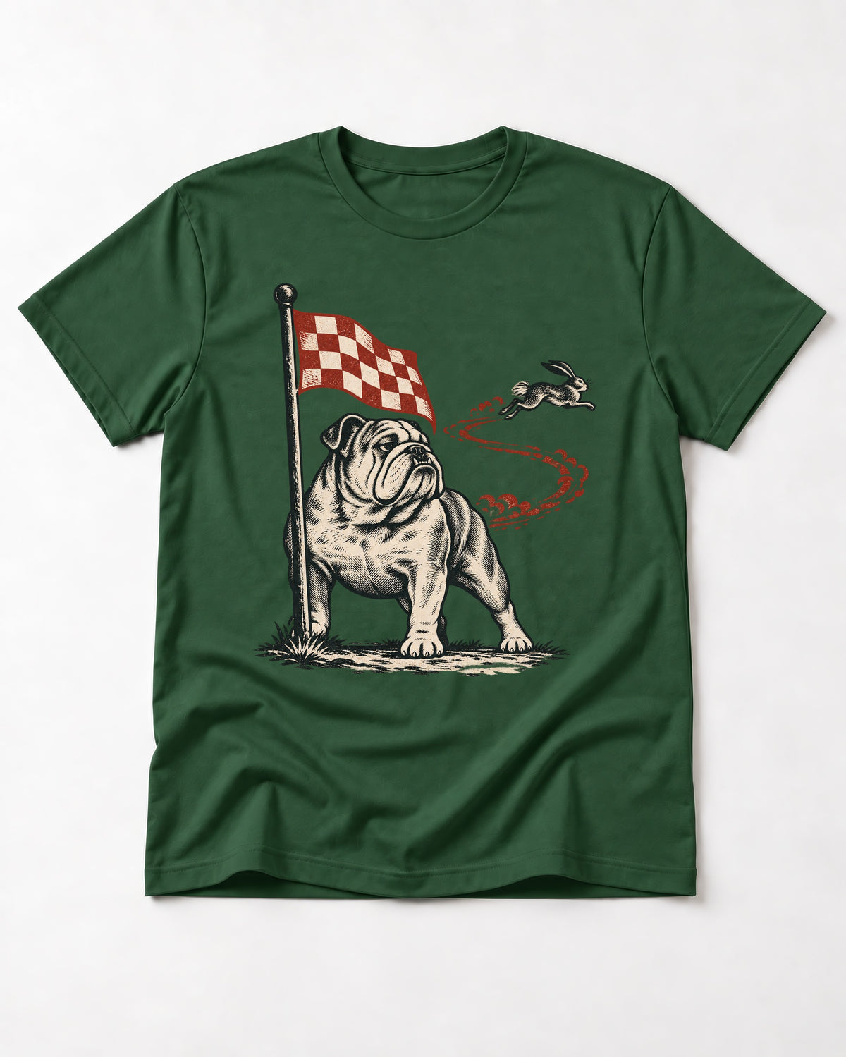 English Bulldog Checkered Flag Rabbit Chase T-Shirt in Forest Green, flat lay product photo