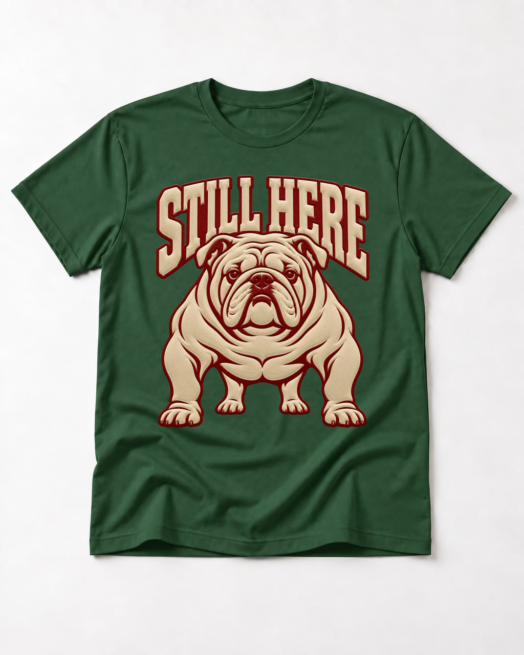 English Bulldog Still Here Collegiate Graphic T-Shirt in Forest Green, flat lay product photo