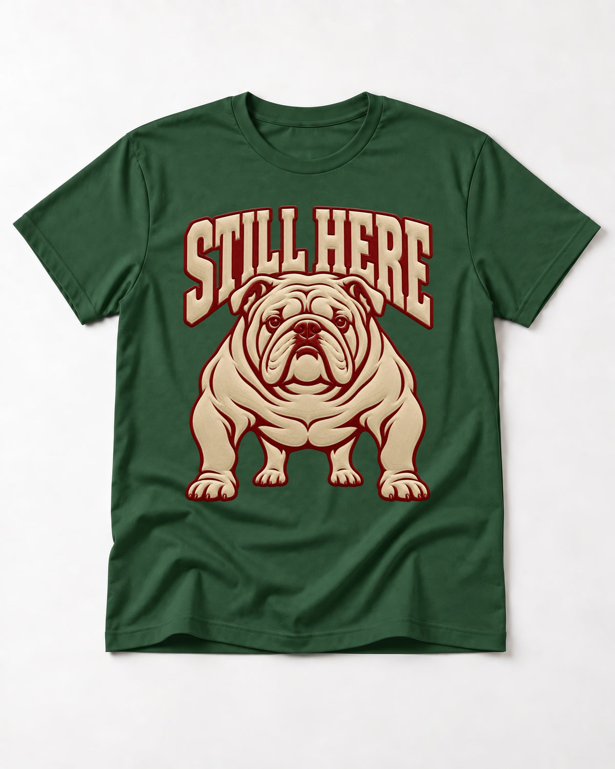 English Bulldog Still Here Collegiate Graphic T-Shirt in Forest Green, flat lay product photo