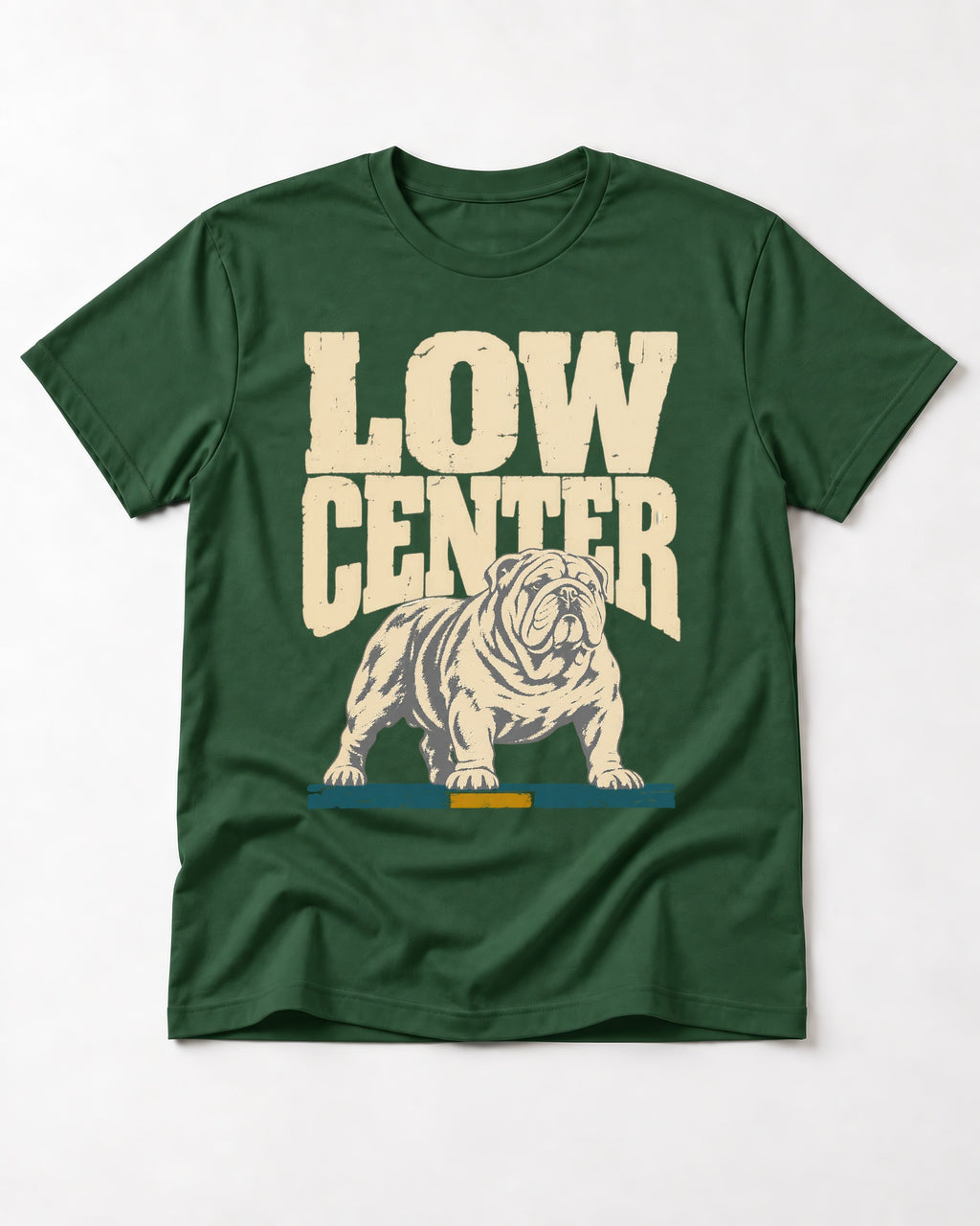 English Bulldog Low Center Stance Graphic T-Shirt in Forest Green, flat lay product photo