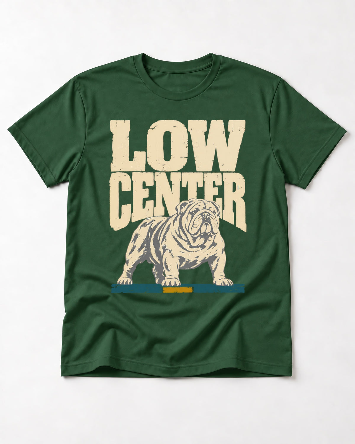 English Bulldog Low Center Stance Graphic T-Shirt in Forest Green, flat lay product photo