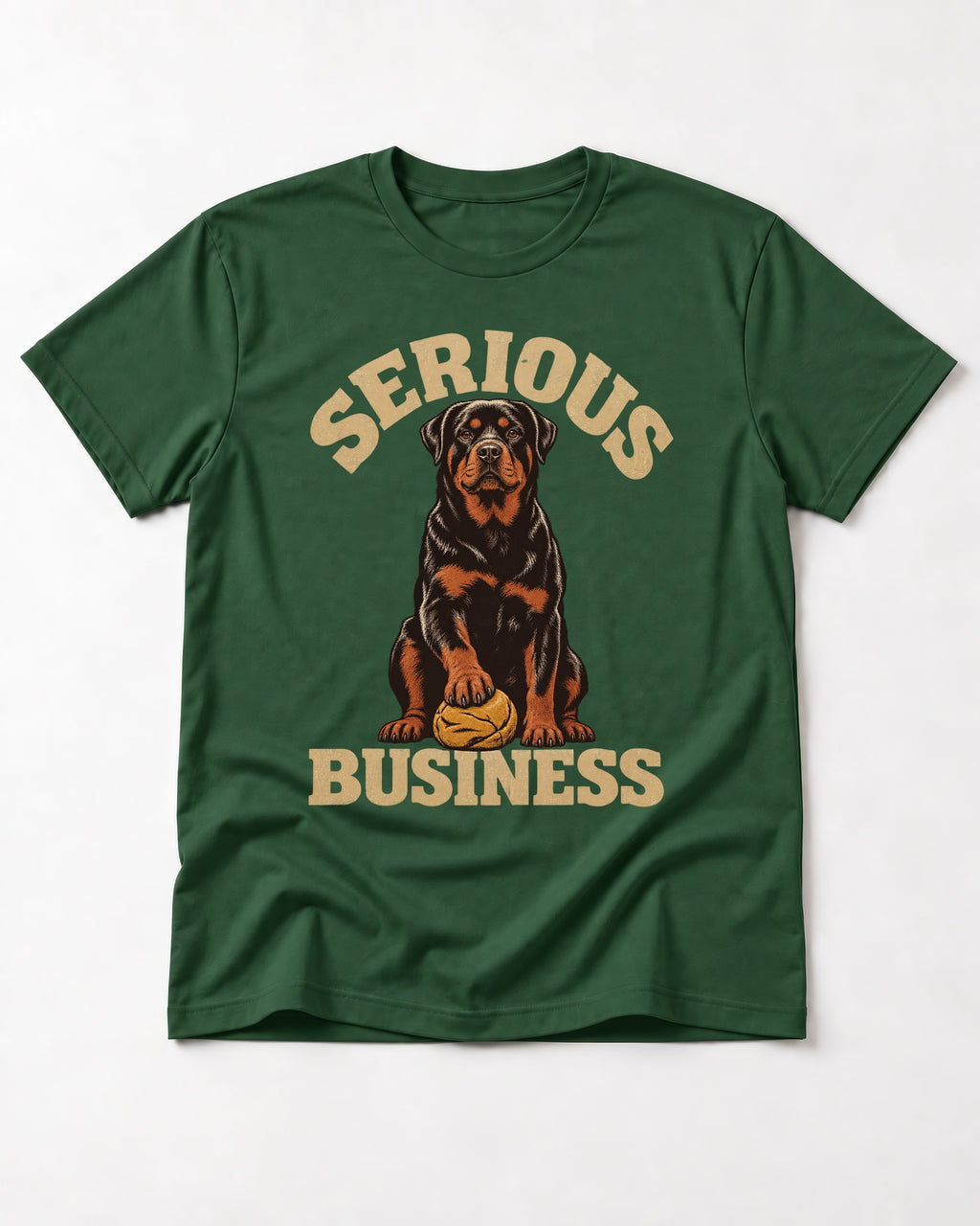 Rottweiler Serious Business Ball Under Paw Graphic T-Shirt in Forest Green, flat lay product photo