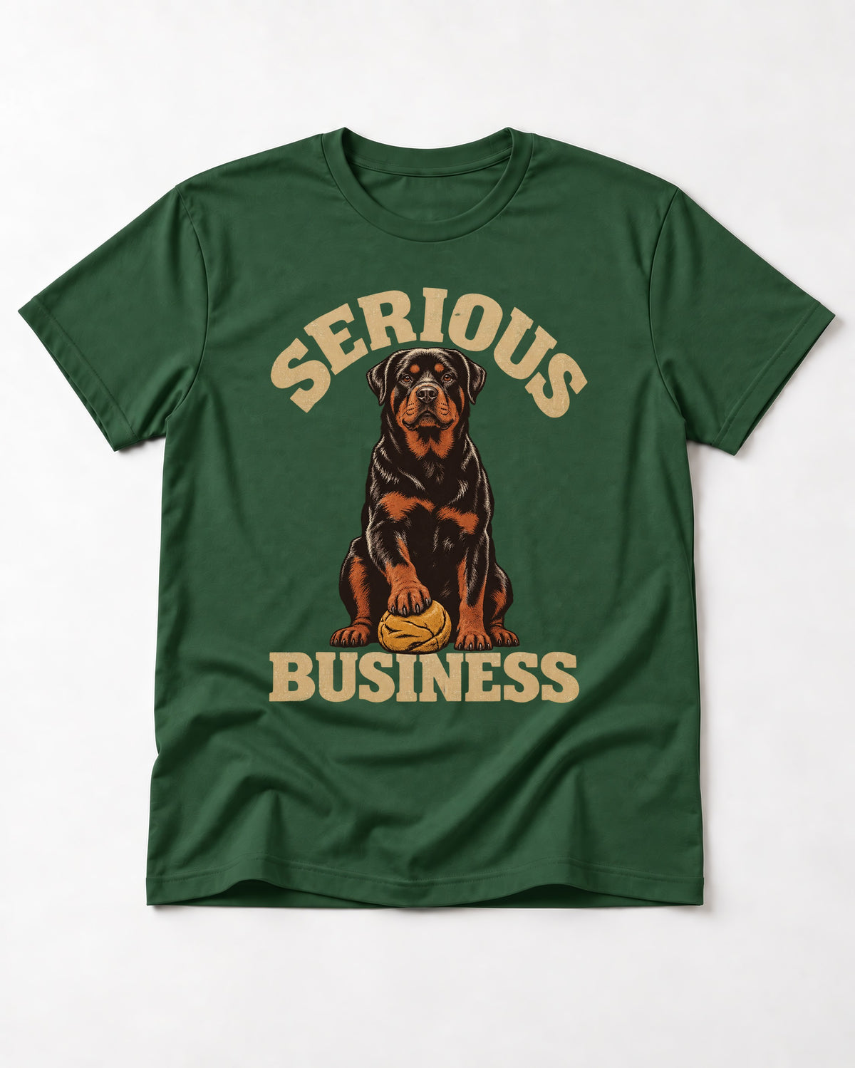 Rottweiler Serious Business Ball Under Paw Graphic T-Shirt in Forest Green, flat lay product photo