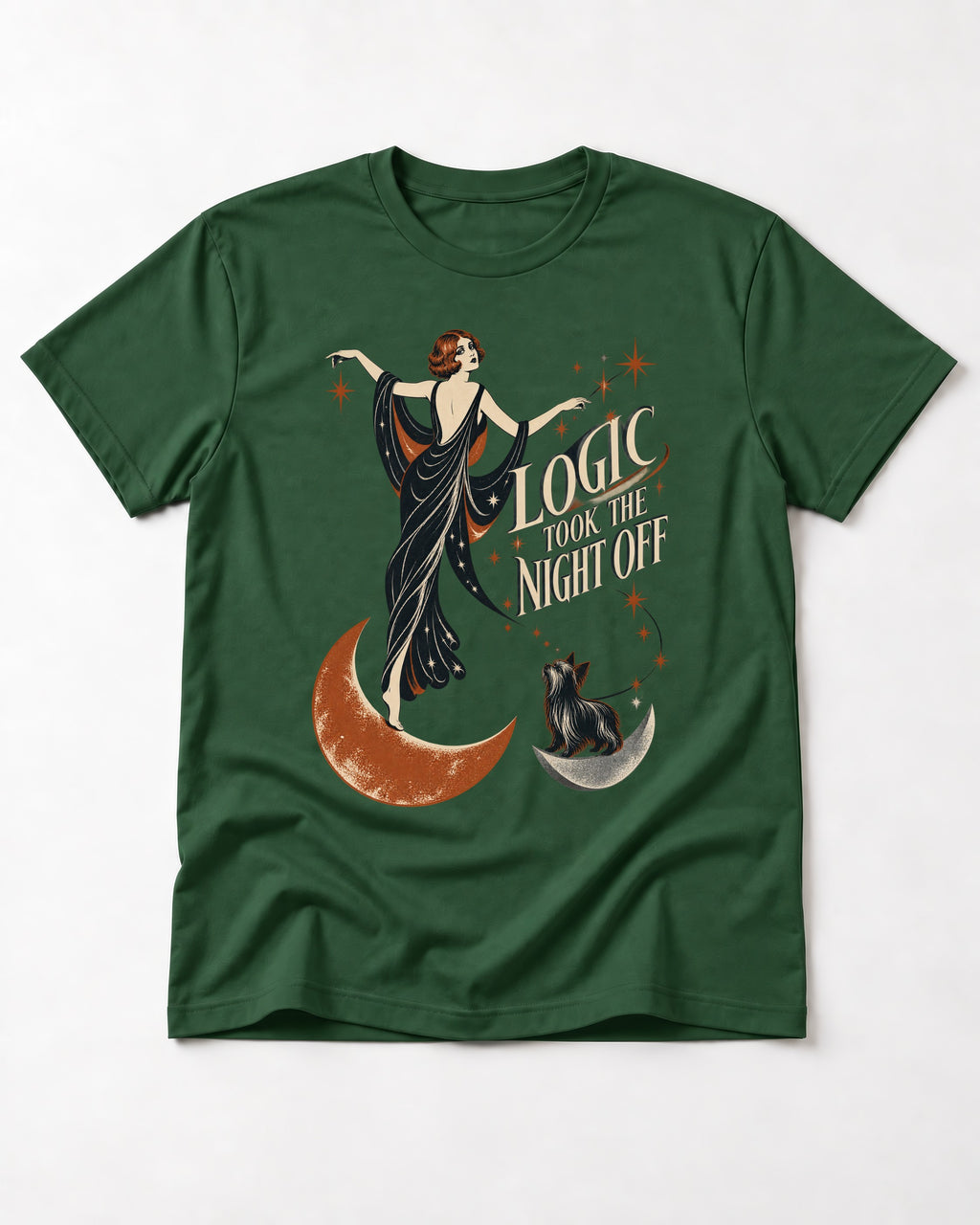Yorkshire Terrier Logic Took the Night Off Art Deco Graphic T-Shirt in Forest Green, flat lay product photo