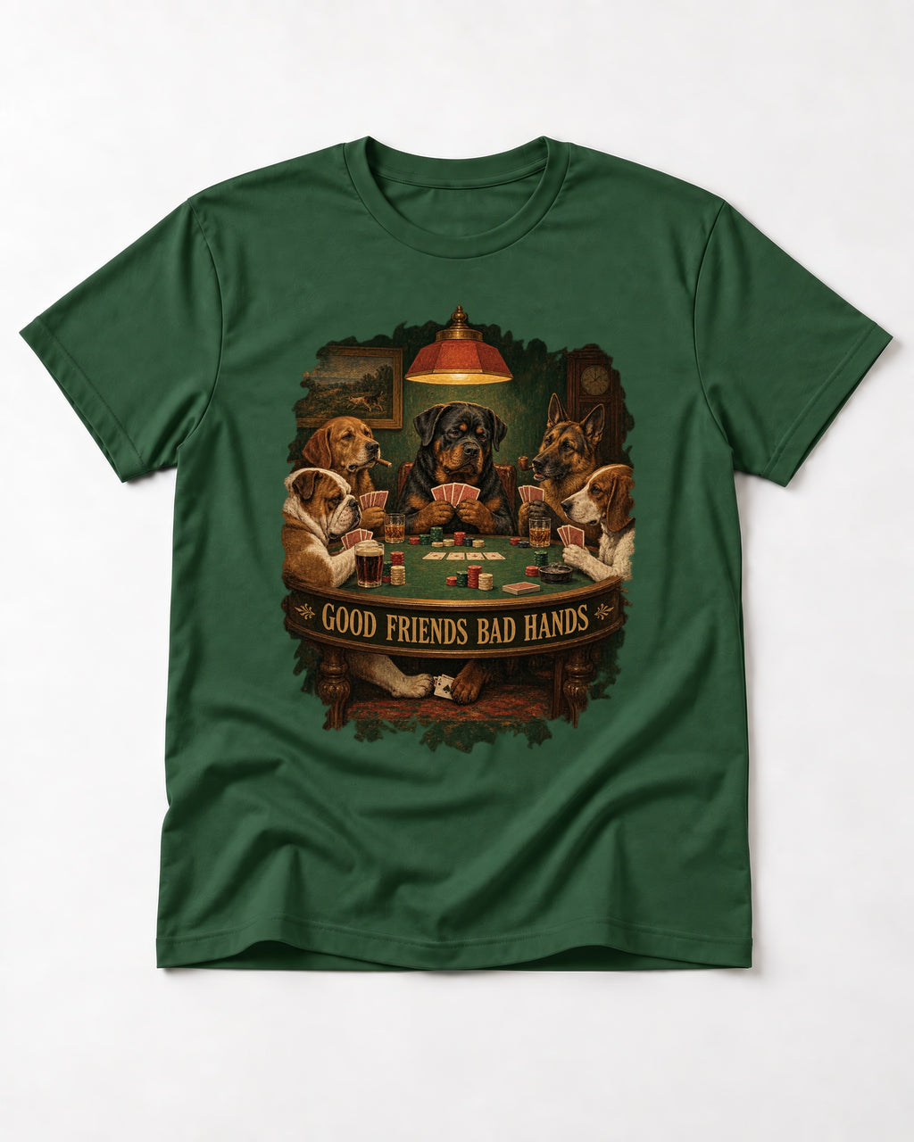 Rottweiler Good Friends Bad Hands Poker Night Graphic T-Shirt in Forest Green, flat lay product photo