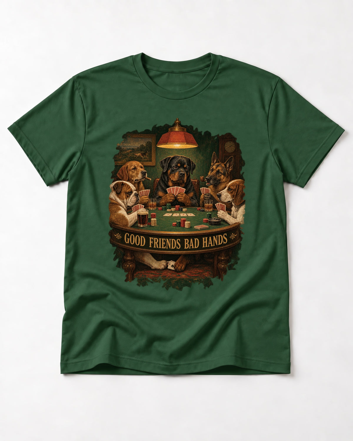 Rottweiler Good Friends Bad Hands Poker Night Graphic T-Shirt in Forest Green, flat lay product photo