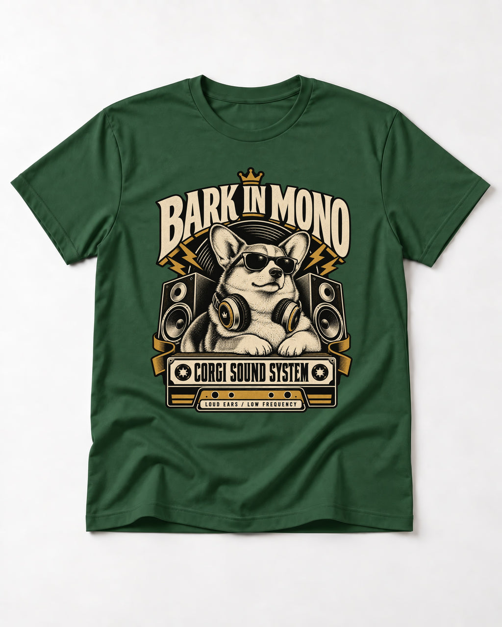 Corgi Bark in Mono Sound System T-Shirt in Forest Green, flat lay product photo