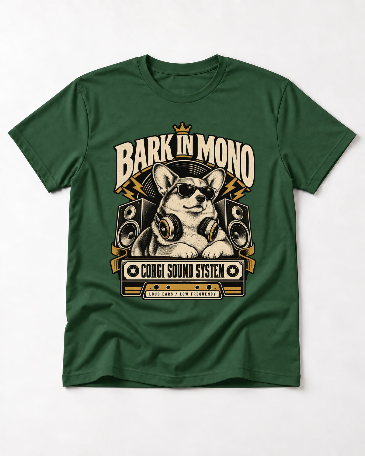 Corgi Bark in Mono Sound System T-Shirt in Forest Green, flat lay product photo