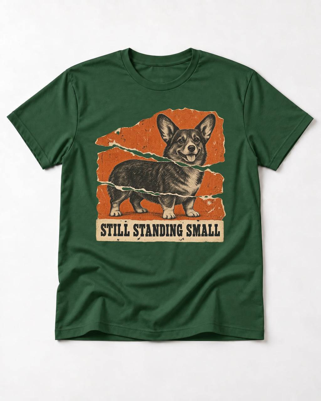 Corgi Still Standing Small Torn Poster T-Shirt in Forest Green, flat lay product photo