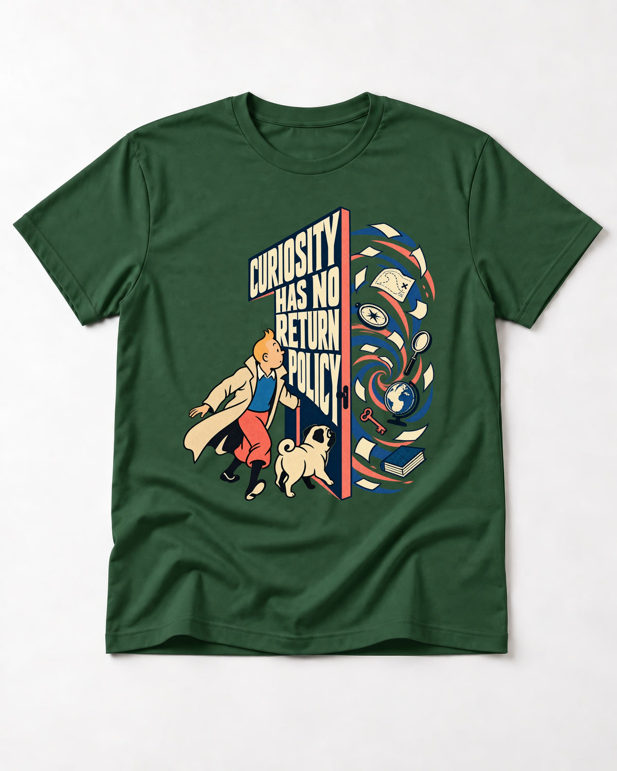 Pug Curiosity Has No Return Policy Portal Graphic T-Shirt in Forest Green, flat lay product photo