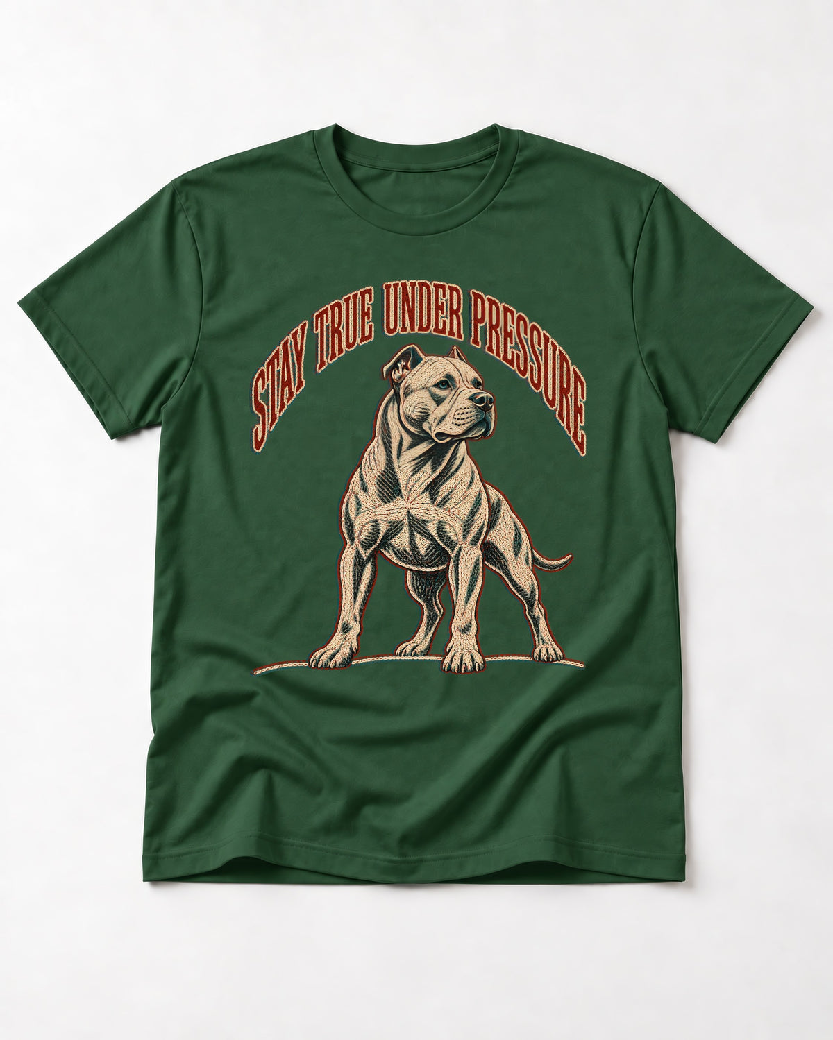 Pitbull Stay True Under Pressure Stance Graphic T-Shirt in Forest Green, flat lay product photo