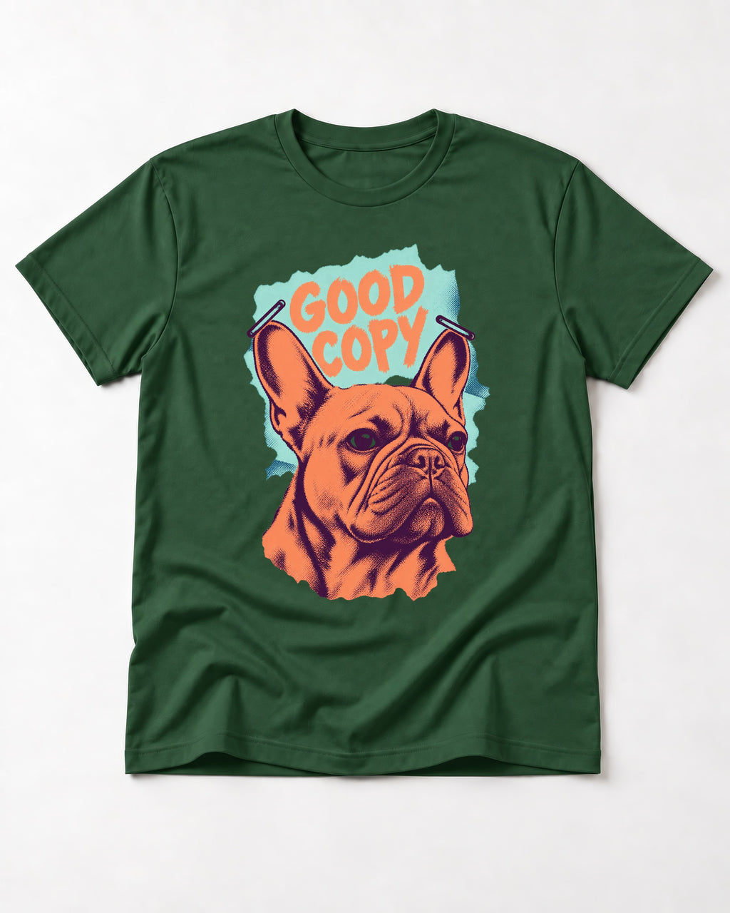 Frenchie Good Copy Stapled Zine Graphic T-Shirt in Forest Green, flat lay product photo