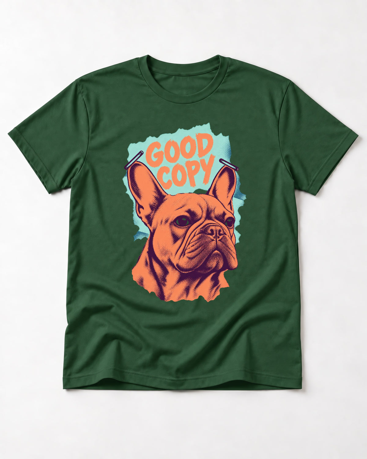 Frenchie Good Copy Stapled Zine Graphic T-Shirt in Forest Green, flat lay product photo