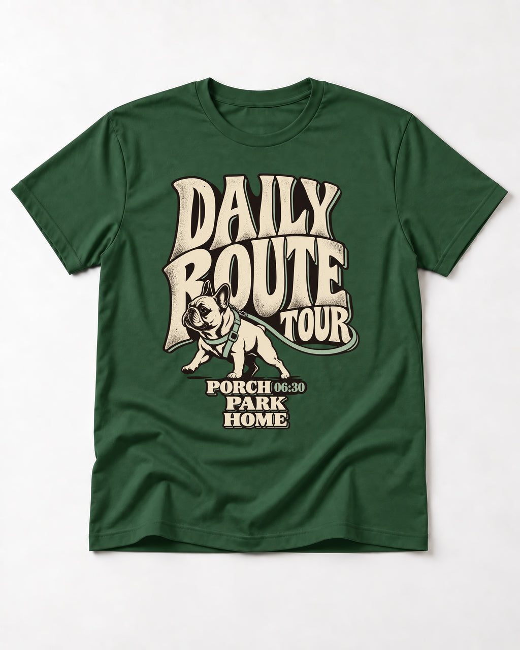 Frenchie Daily Route Tour Graphic T-Shirt in Forest Green, flat lay product photo