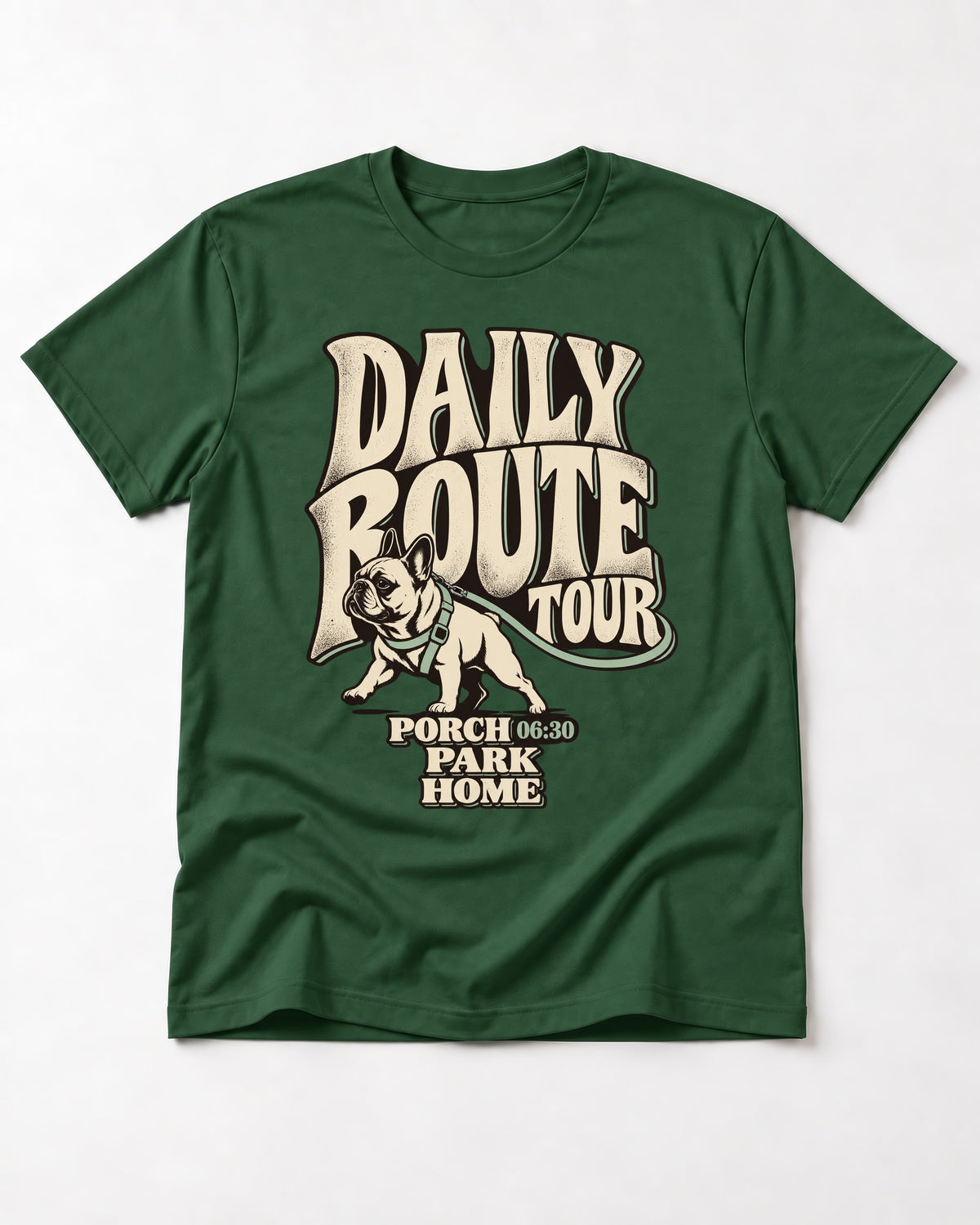 Frenchie Daily Route Tour Graphic T-Shirt in Forest Green, flat lay product photo