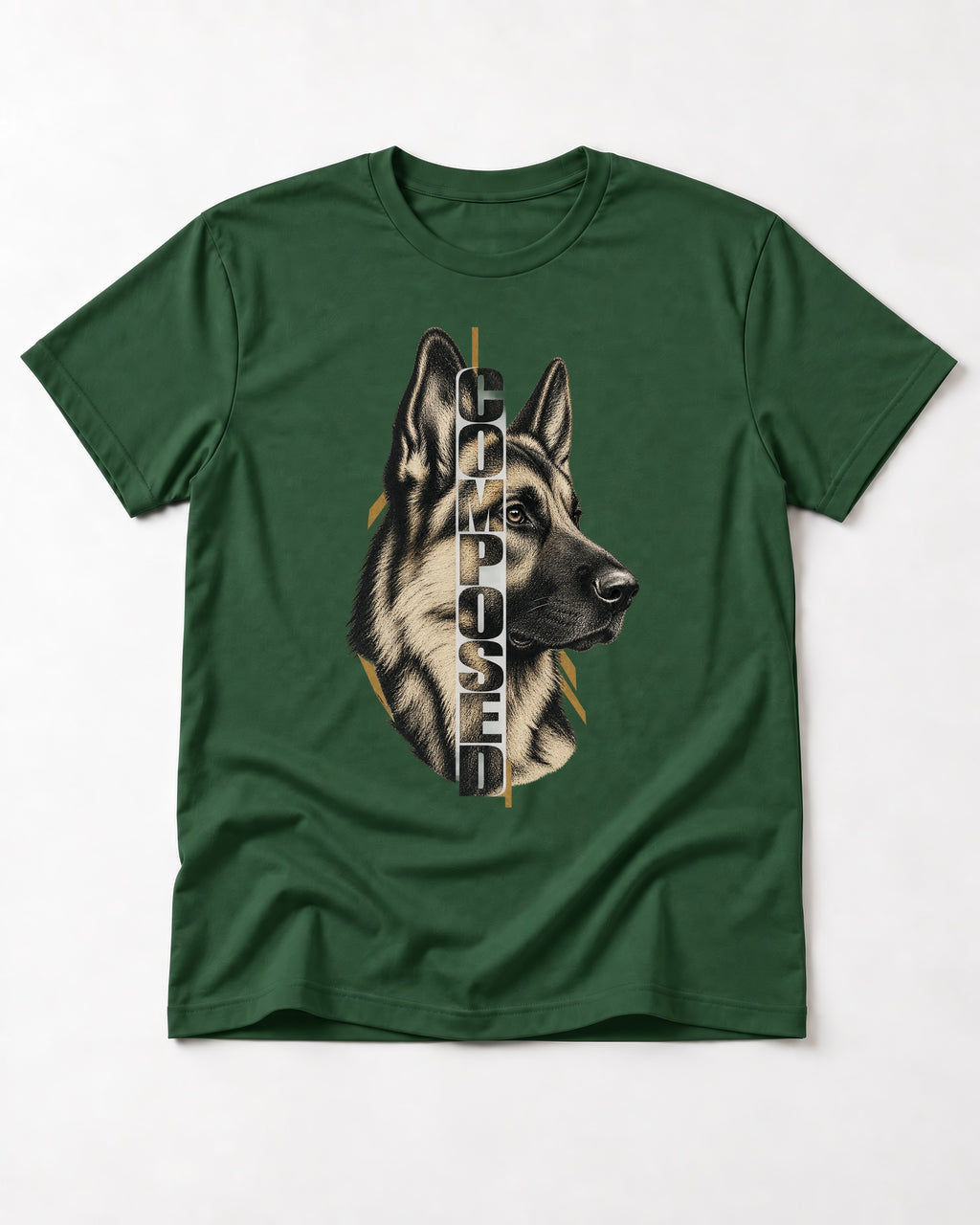 Composed Profile German Shepherd Dog Graphic T-Shirt in Forest Green, flat lay product photo