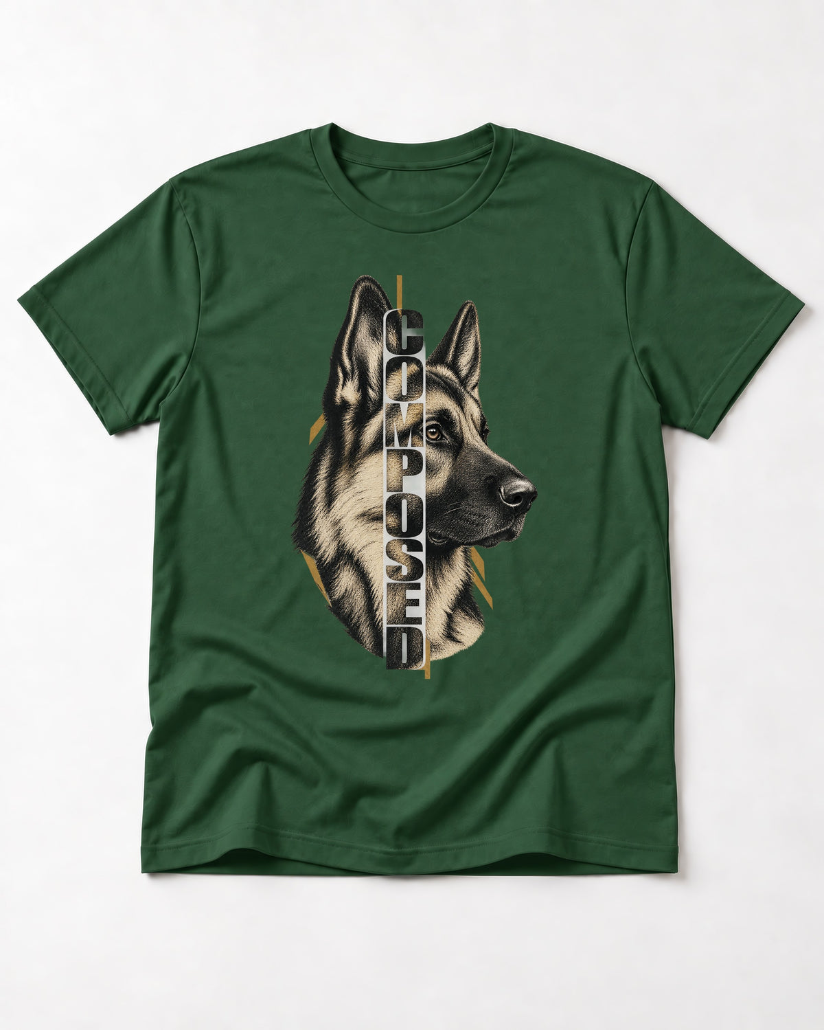 Composed Profile German Shepherd Dog Graphic T-Shirt in Forest Green, flat lay product photo