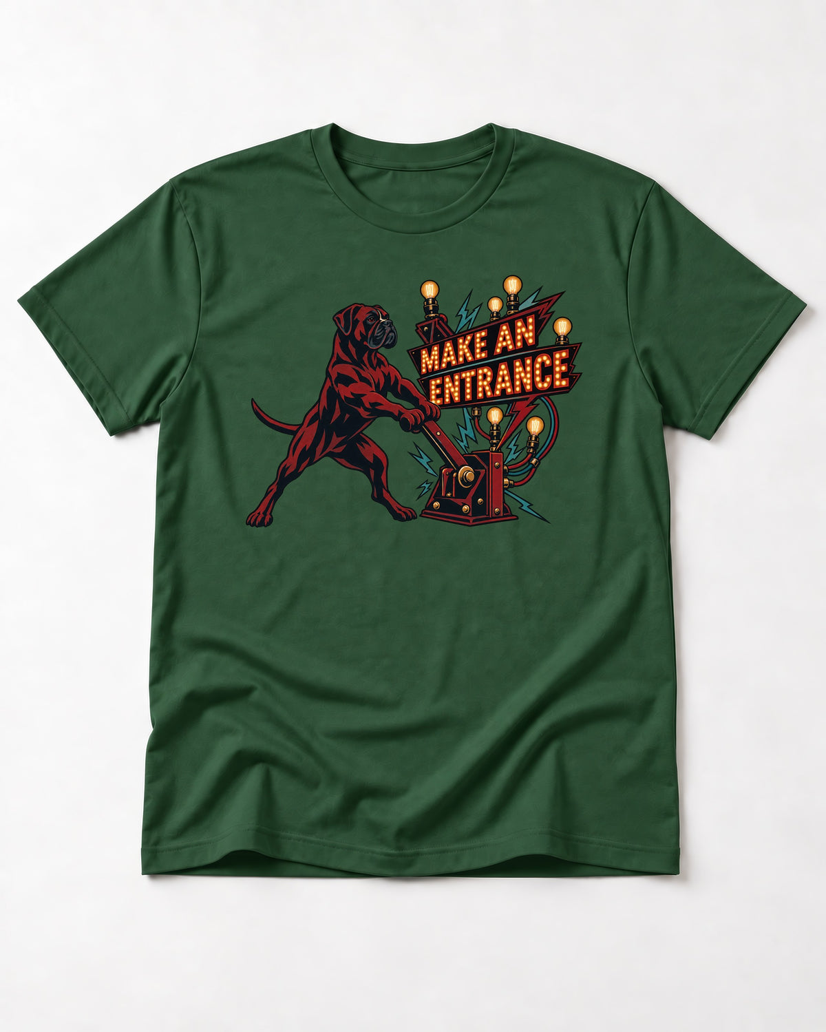 Boxer Make an Entrance T-Shirt in Forest Green, flat lay product photo