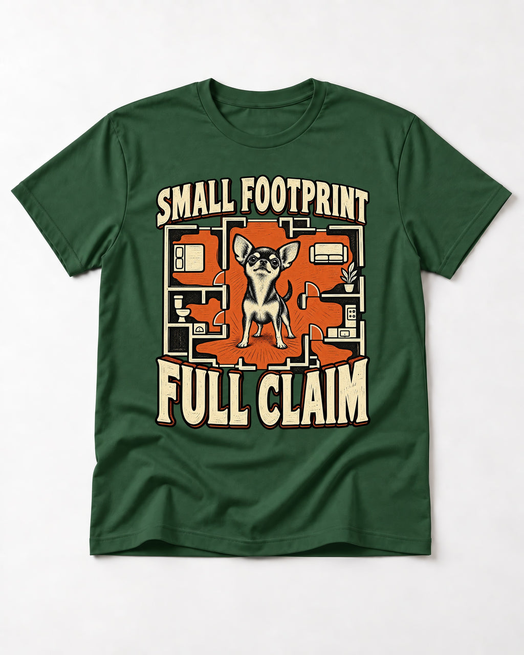 Chihuahua Small Footprint Full Claim Floor Plan Graphic T-Shirt in Forest Green, flat lay product photo