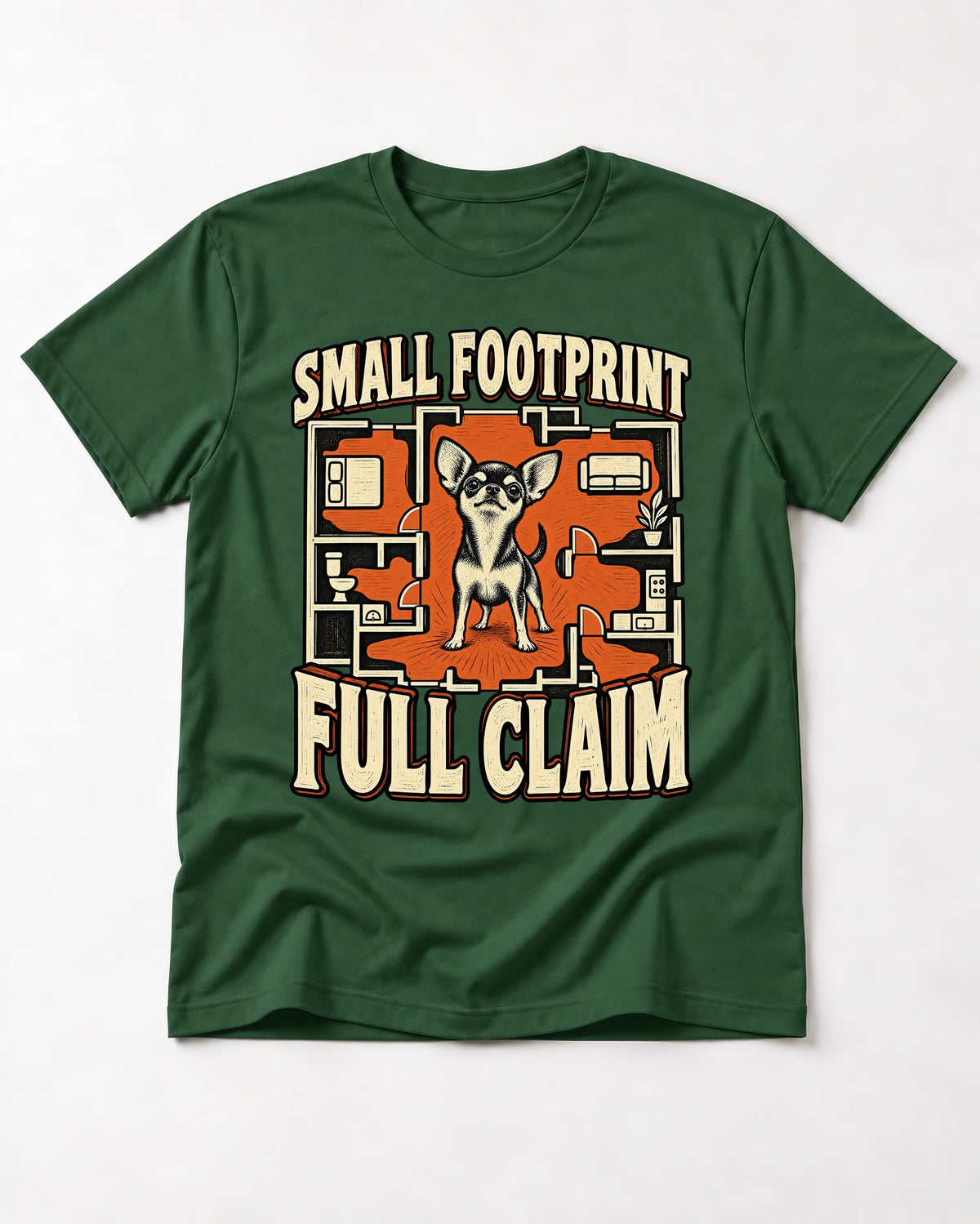 Chihuahua Small Footprint Full Claim Floor Plan Graphic T-Shirt in Forest Green, flat lay product photo