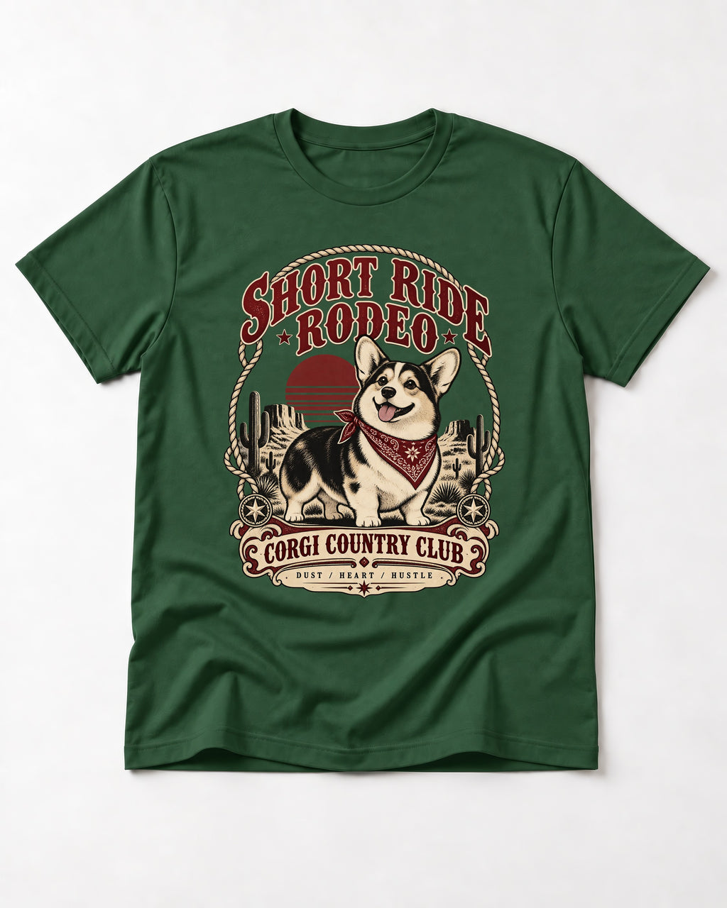 Corgi Short Ride Rodeo Country Club Badge T-Shirt in Forest Green, flat lay product photo