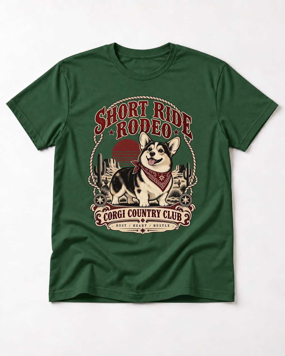 Corgi Short Ride Rodeo Country Club Badge T-Shirt in Forest Green, flat lay product photo