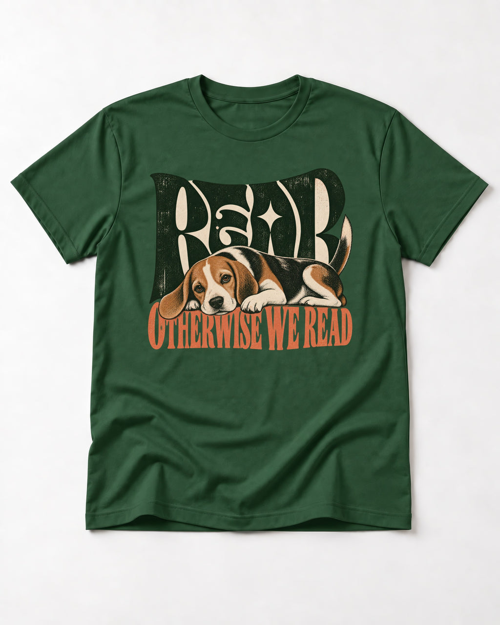Beagle Read Otherwise We Read Retro Graphic T-Shirt in Forest Green, flat lay product photo