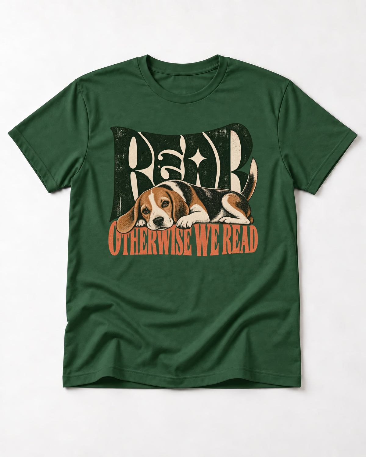 Beagle Read Otherwise We Read Retro Graphic T-Shirt in Forest Green, flat lay product photo