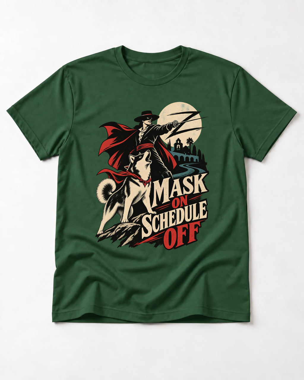Husky Mask On Schedule Off Masked Swordsman Graphic T-Shirt in Forest Green, flat lay product photo