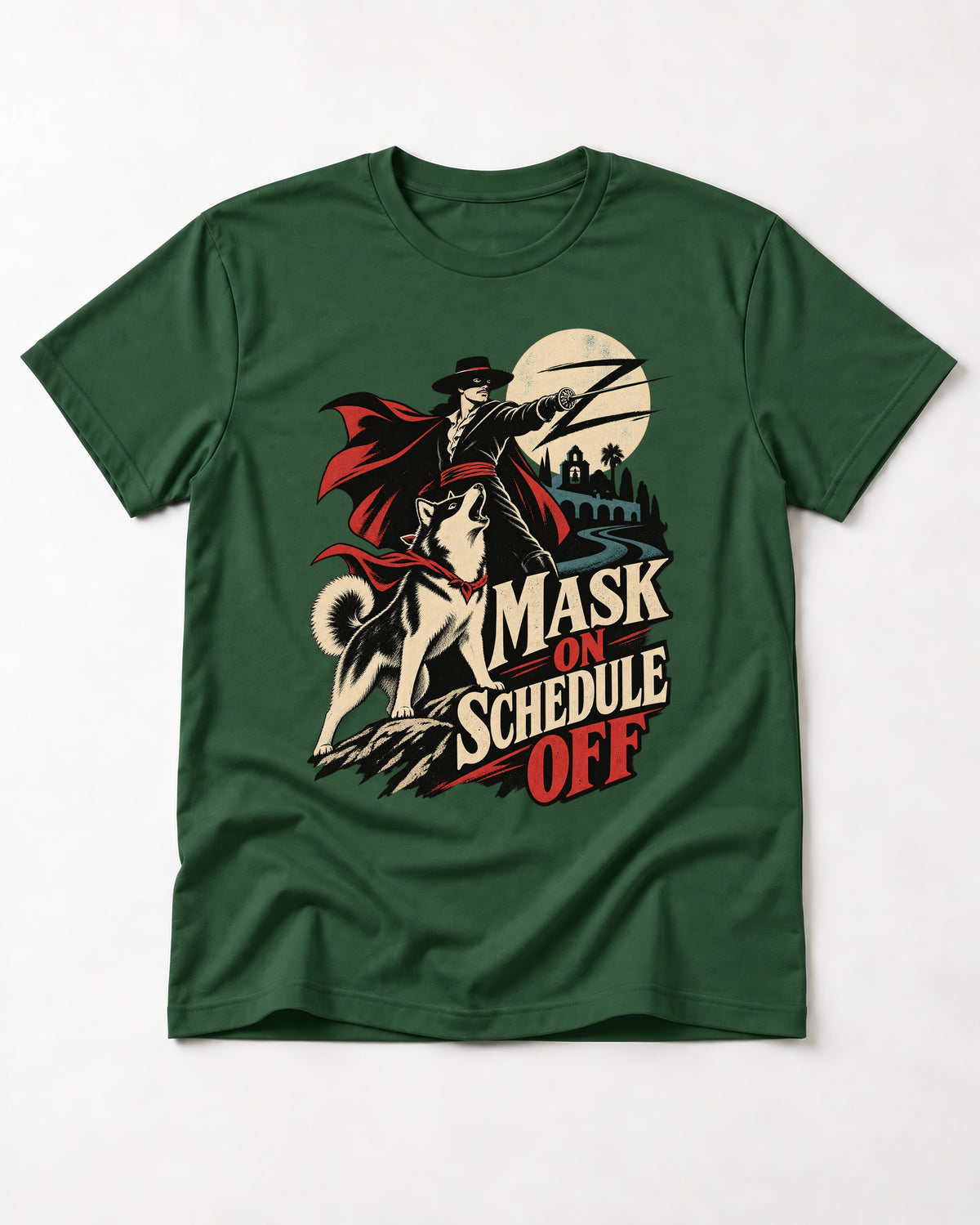 Husky Mask On Schedule Off Masked Swordsman Graphic T-Shirt in Forest Green, flat lay product photo