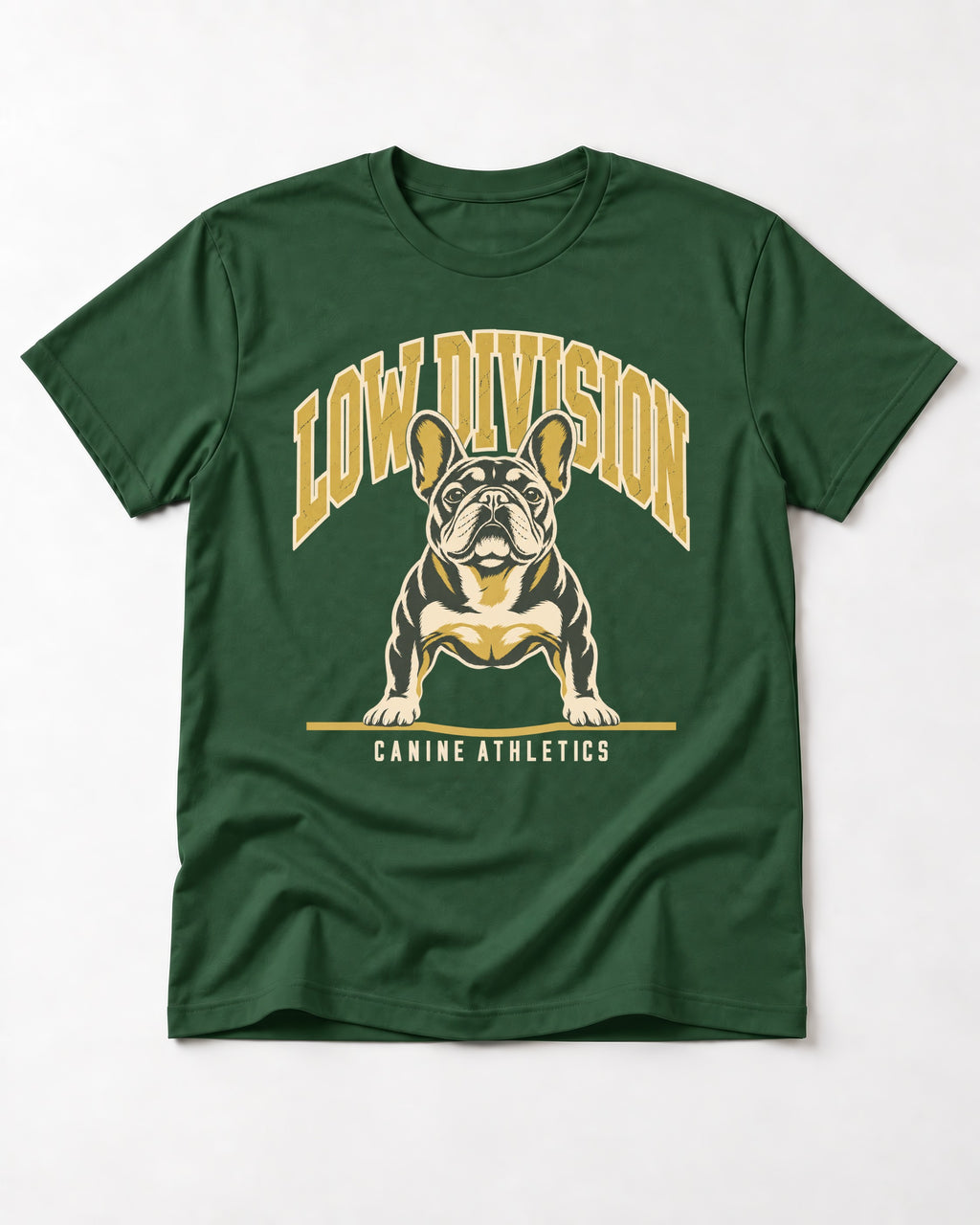 Frenchie Low Division Canine Athletics Graphic T-Shirt in Forest Green, flat lay product photo