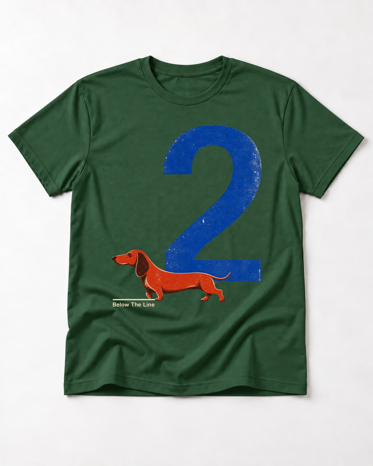 Dachshund Below The Line Number Two Graphic T-Shirt in Forest Green, flat lay product photo