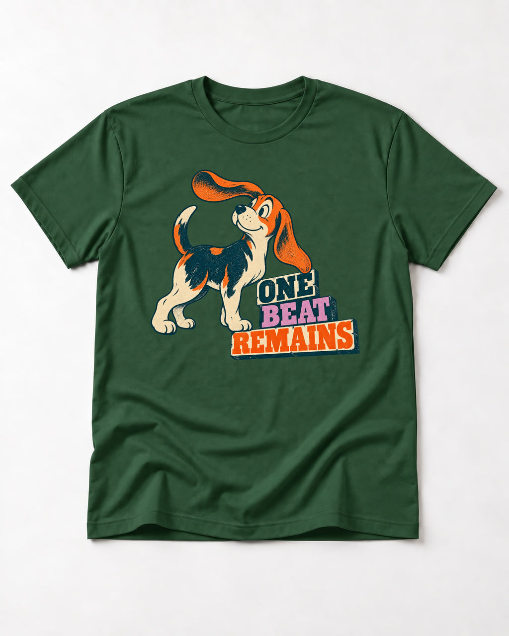 Retro Beagle One Beat Remains T-Shirt in Forest Green, flat lay product photo