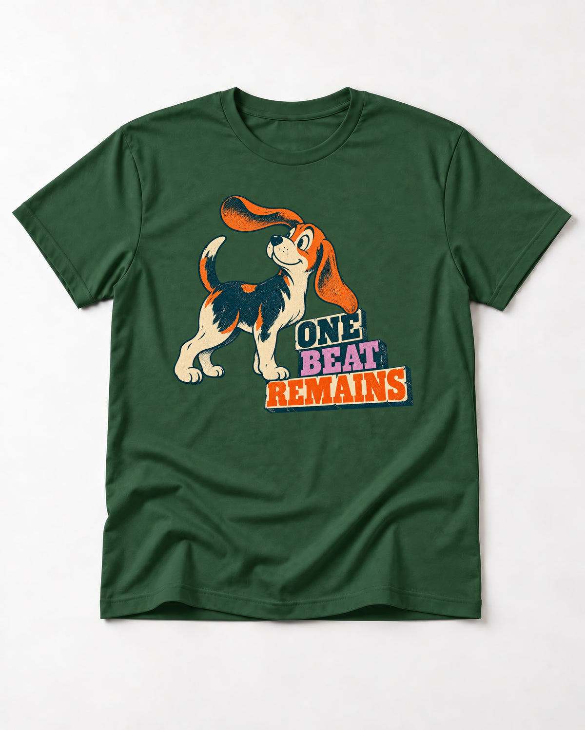 Retro Beagle One Beat Remains T-Shirt in Forest Green, flat lay product photo