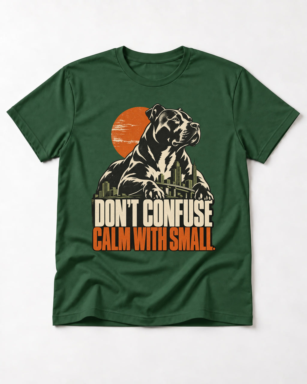 Pitbull Don't Confuse Calm with Small City Guardian Graphic T-Shirt in Forest Green, flat lay product photo