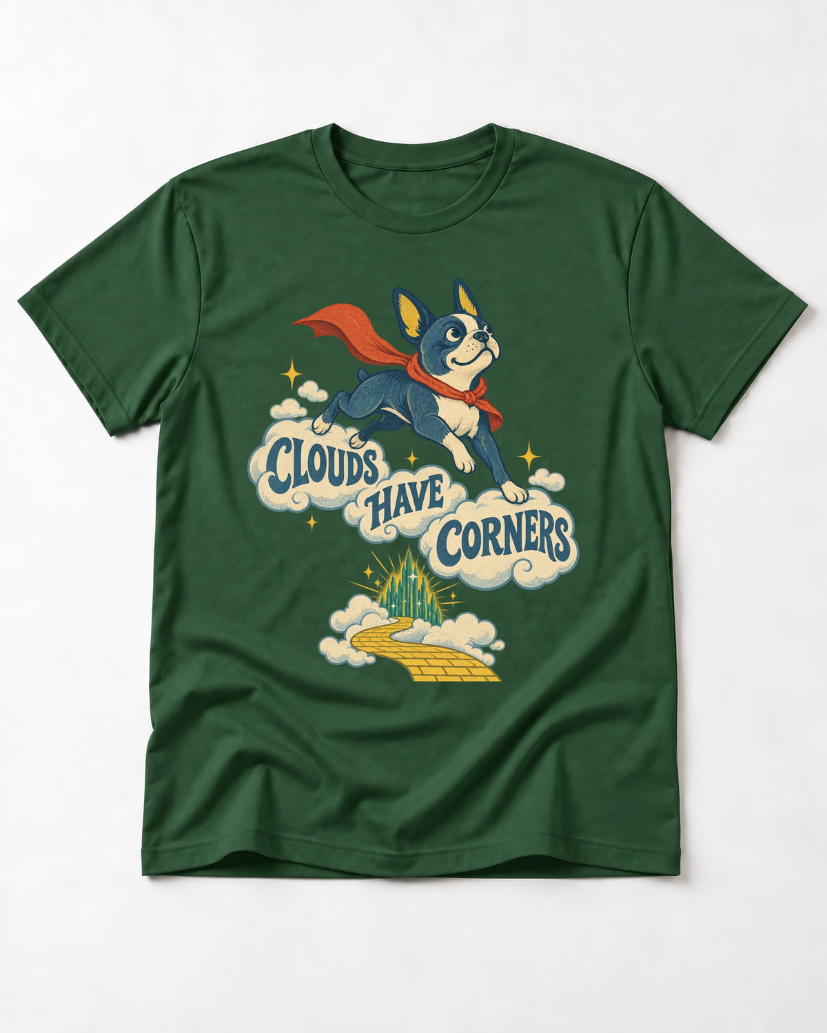 Clouds Have Corners Boston Terrier T-Shirt in Forest Green, flat lay product photo
