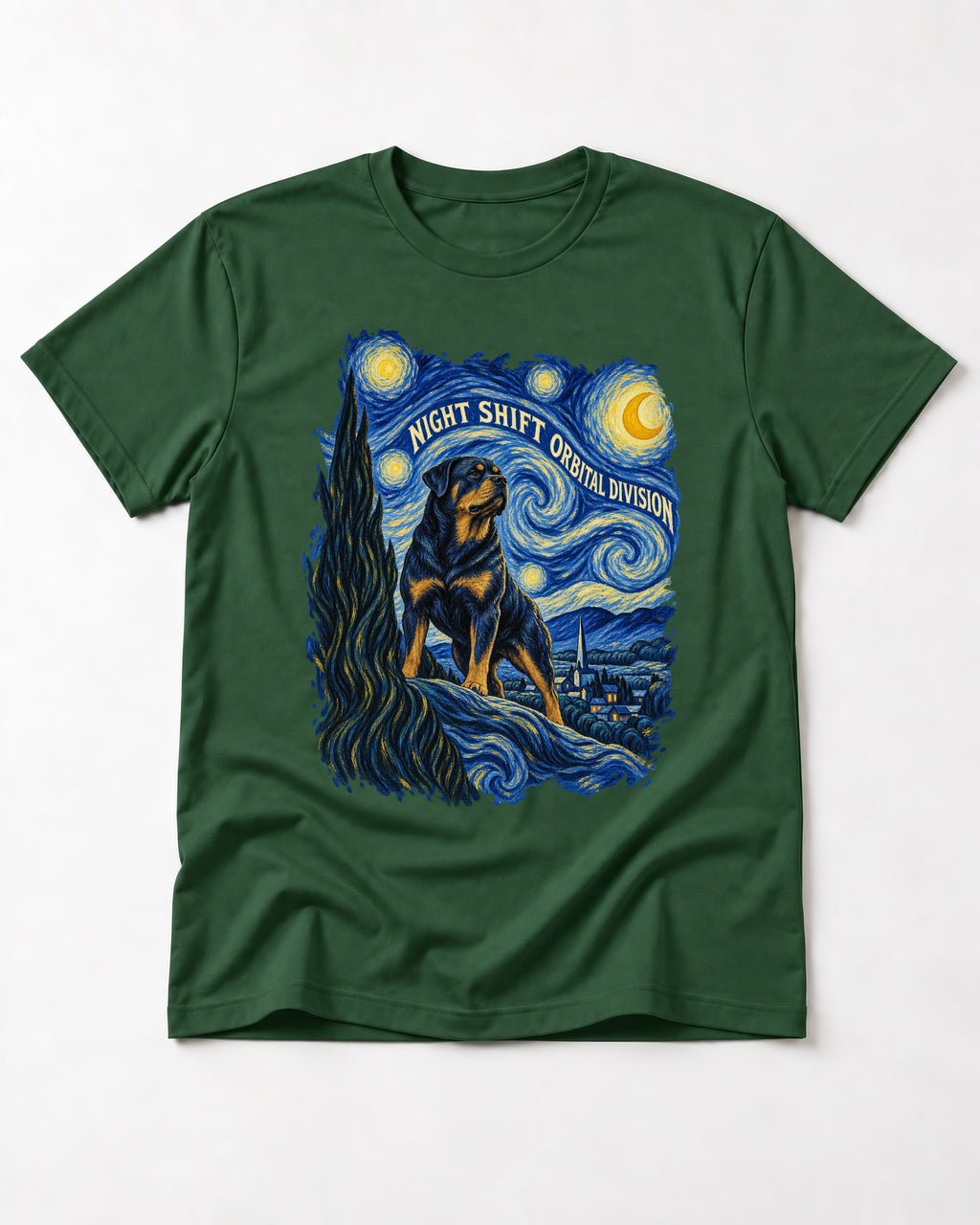 Rottweiler Night Shift Orbital Division Starry Night Graphic T-Shirt in Forest Green, flat lay product photo