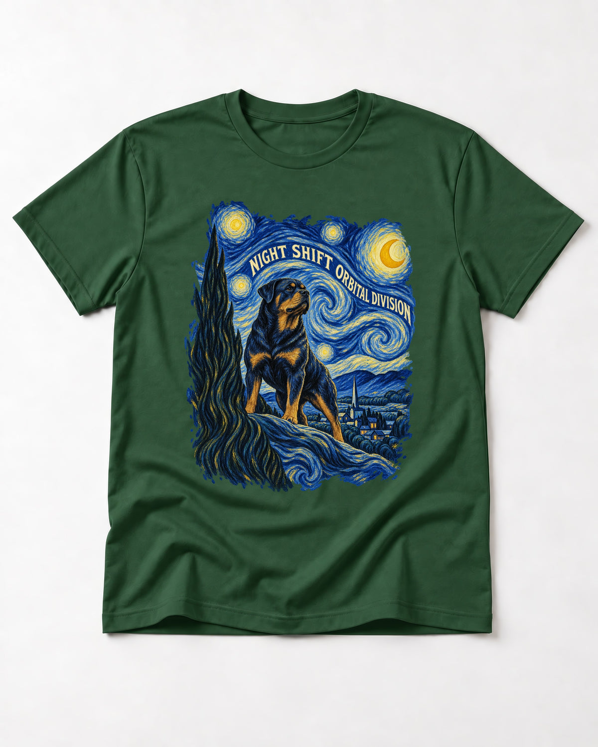 Rottweiler Night Shift Orbital Division Starry Night Graphic T-Shirt in Forest Green, flat lay product photo
