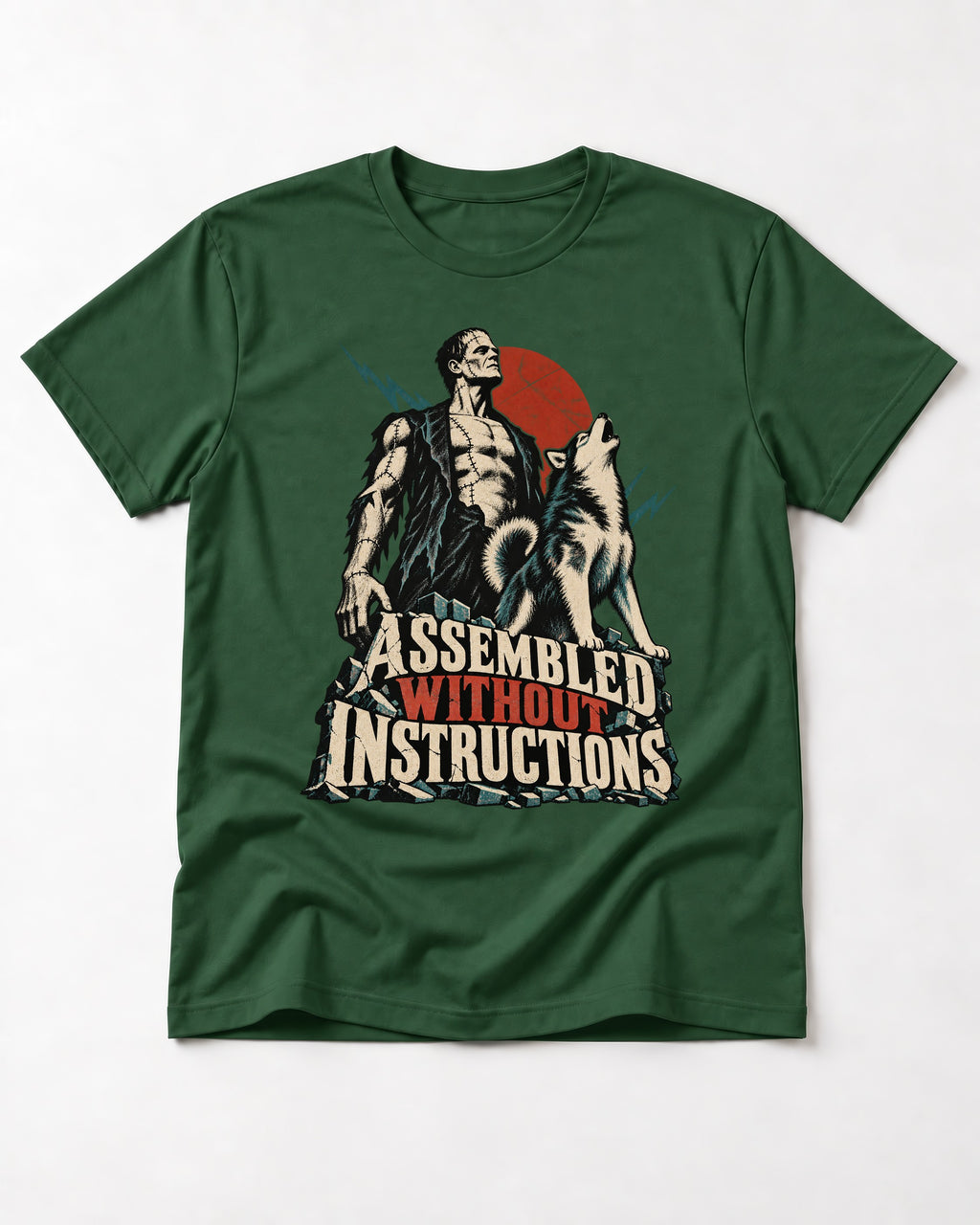 Husky Assembled Without Instructions Frankenstein Graphic T-Shirt in Forest Green, flat lay product photo