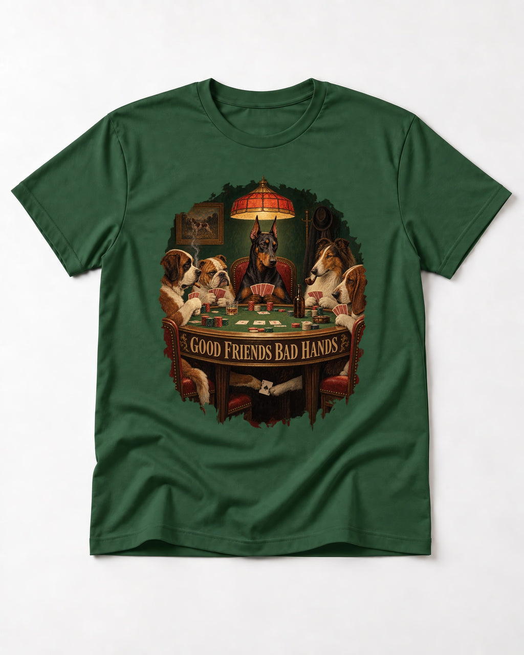Doberman Good Friends Bad Hands Poker Night Graphic T-Shirt in Forest Green, flat lay product photo