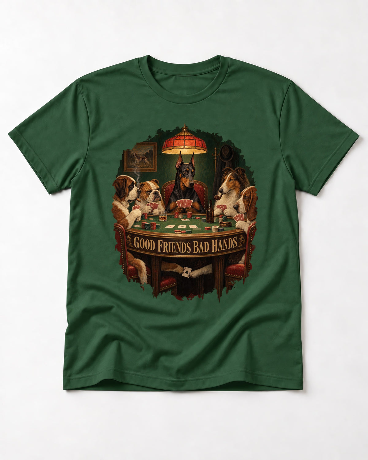 Doberman Good Friends Bad Hands Poker Night Graphic T-Shirt in Forest Green, flat lay product photo